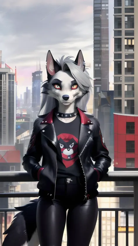 Masterpiece, Best Quality, <lora:loona-lora-v3:1>, Loona, Hellhound, Punk Jacket, Black Jeans, standing, menacing pose, furry, Full body, balcony, city background <lora:cyberpunk:1>, slit pupils, white eyes, red sclera