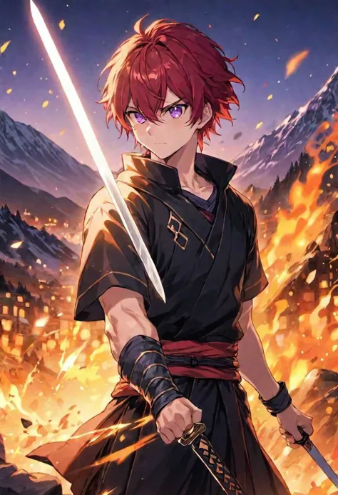 (ninja clothing, holding a sword) adult male, BREAK, purple eyes,  BREAK , red hair,  BREAK, warm colours, BREAK, wallpaper, mou...