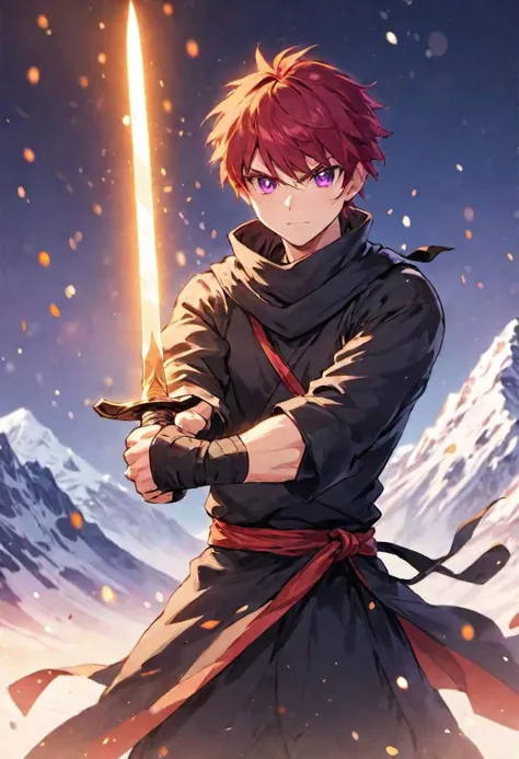 (ninja clothing, holding a sword) adult male, BREAK, purple eyes,  BREAK , red hair,  BREAK, warm colours, BREAK, wallpaper, mou...
