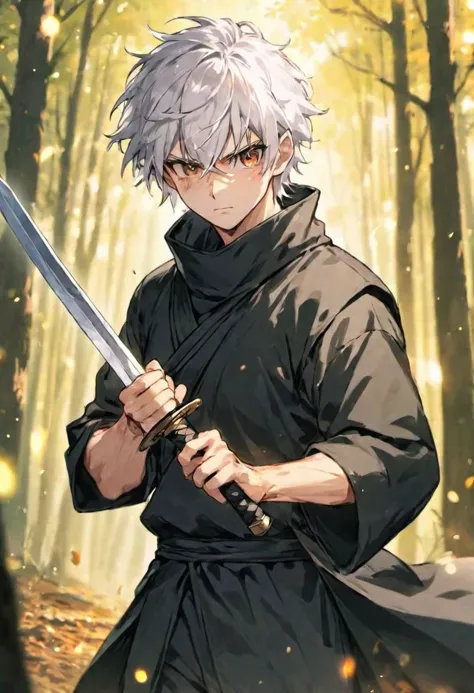 (ninja clothing, holding a sword) adult male, BREAK, black eyes,  BREAK , white messy hair,  BREAK, warm colours, BREAK, wallpap...