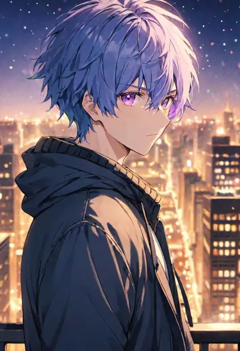 (casual clothing) adult male, BREAK, gentle purple eyes,  BREAK , light, blue messy hair,  BREAK, warm colours, BREAK, wallpaper...