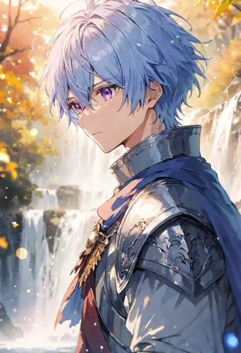 (white, noble, knight clothing) adult male, BREAK, gentle purple eyes,  BREAK , light, blue messy hair,  BREAK, warm colours, BR...