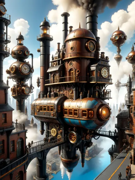 steampunk city with steam powered buildings and clock towers