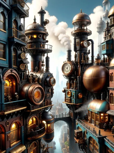 there is a picture of a futuristic city with steam engines