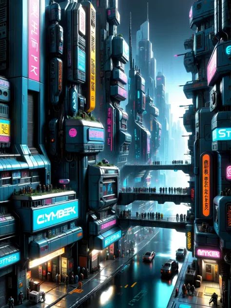 futuristic city with neon lights and a bridge over a busy street