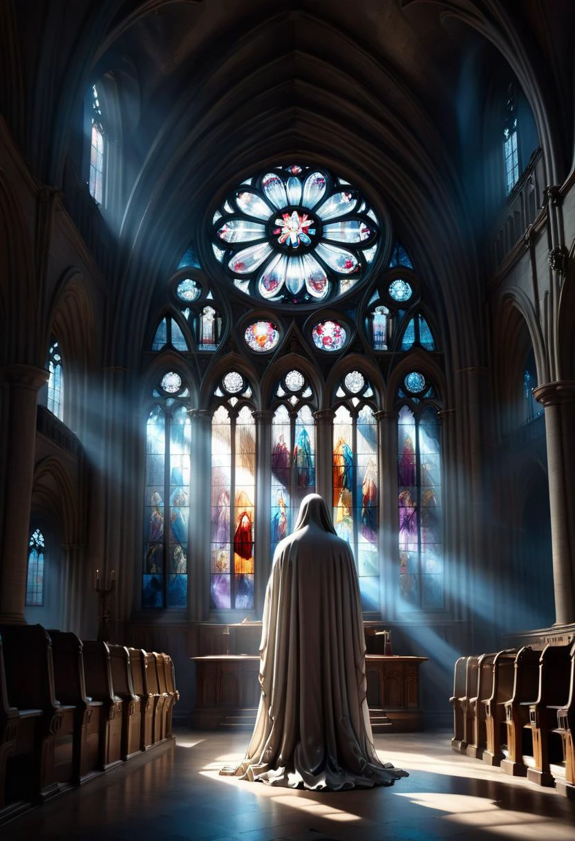 antigua catedral, desde atrás, ((Destacar)), (cristal), Vitral, un fantasma jugando, ((abovedado)),
luz natural,evocando soledad y soledad,  dark, solitario, contorno de brillo, transparente, 