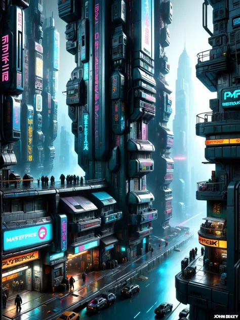 ral-plymbl cyberpunk-Stadt von John Berkey (Meisterwerk:1.2), beste Qualität, (hyperdetailliert, höchste Detailliertheit:1.2), hochauflösende Texturen