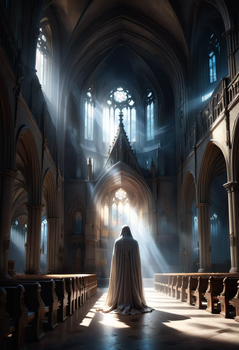 antigua catedral, desde atrás, ((Destacar)), (cristal), un fantasma jugando, ((abovedado)),
luz natural,evocando soledad y soledad,  dark, solitario, contorno de brillo, transparente, 