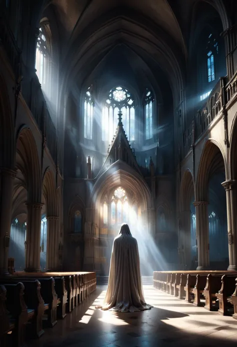 old cathedral, from behind, ((spotlight)), (crystal), a ghost playing, ((domed)),
natural light,evoking loneliness and solitude,...