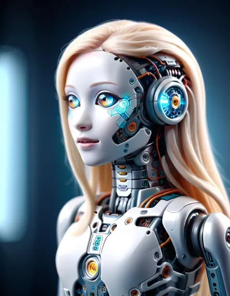 A futuristic side portrait of a humanoid robot. The robot's body is made of translucent materials,and its internal structure is clearly visible,including circuit boards and light-emitting elements. The robot has soft facial features with feminine features,including long hair and breasts. The robot's head and neck are structurally complex,with many connecting points and lines,suggesting its precise construction and possible versatility. High-tech and futuristic living concepts,cold and mechanical beauty,bioluminescence,fiber optics,masterpieces,octane rendering,unreal engine ral-plymbl