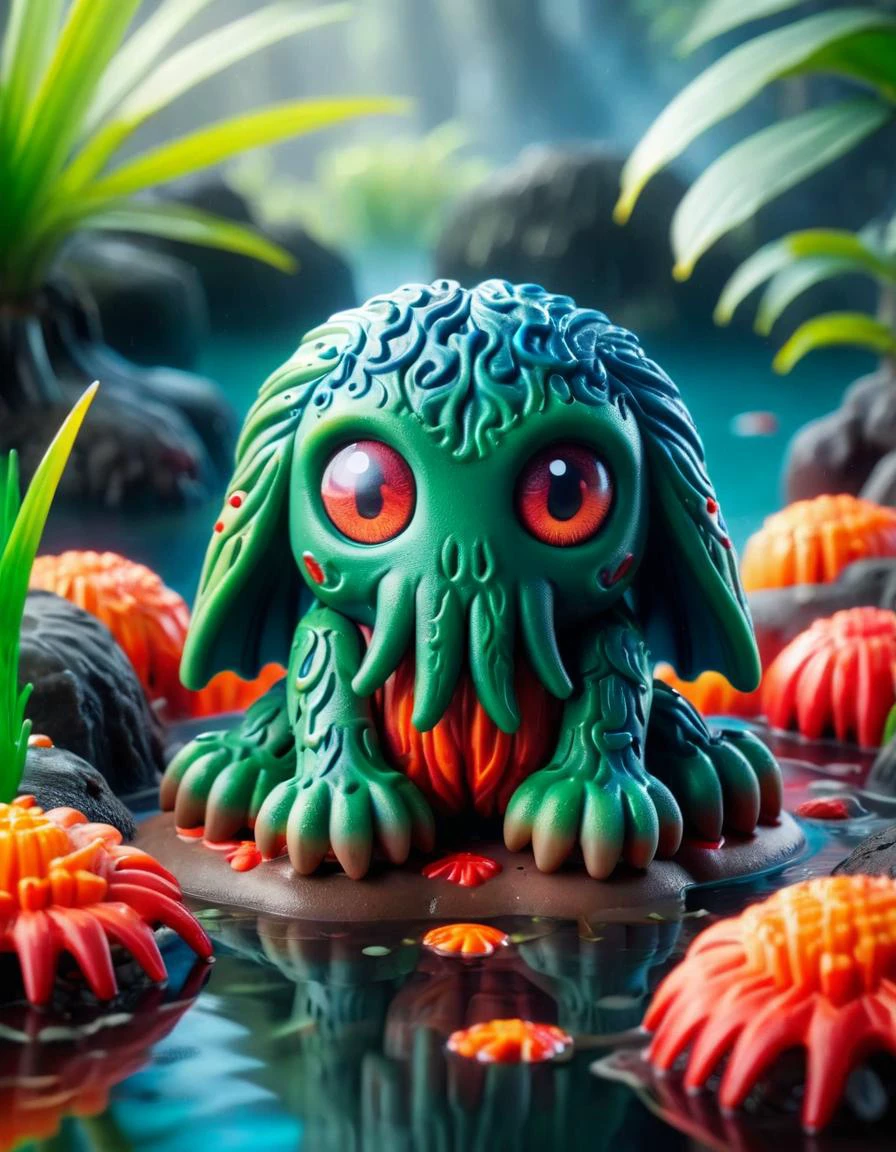 A cute colorful fluffy cthulhu, wildlife photography, in a ral-lava swamp, 4K UHD, 8K UHD, High-definition, capturing highest detailed, 4k, uhd, hdr  ral-plymbl