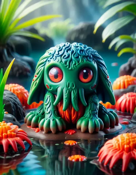 A cute colorful fluffy cthulhu, wildlife photography, in a ral-lava swamp, 4K UHD, 8K UHD, High-definition, capturing highest de...