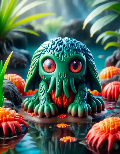 a close up of a toy of a creature in a body of water