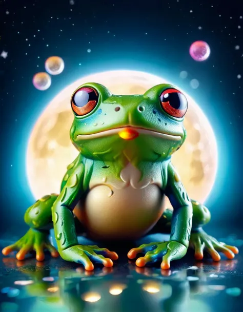 macro photo, a beautiful frog, glowing lights, beautiful magical sparkles, moon dust particulates, vibrant whimsical colors <lor...