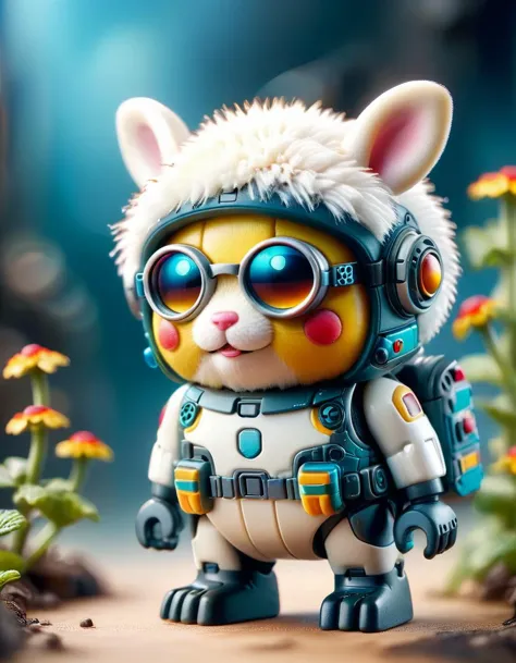 tilt-shift photo of selective focus, miniature effect, blurred background, highly detailed, vibrant, perspective control, natural Tilt Shot (Whimsically artistic) , adorable extra (fluffy: 1.3) chubby miniature pika wearing an ral-plymbl cyberpunk suit with white furr and helmet wit futuristic googles made of ral-plymbl, macro photography, (enchanting:1.3), (luminous:1.2), (oversized flora:1.1), mystical, vibrant photography, shimmering light, dreamy, whimsical, serene, soft-focus, hyper-detailed digital art ral-plymbl