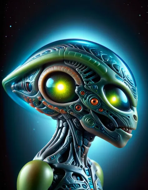 a close up of a alien with glowing eyes and a green head