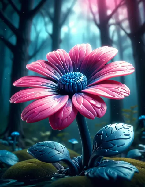 Tintenillustration, biolumineszierende rosa Blume, fabelhafter Nachtwald, magische Ausstrahlung, Konzeptkunst,Tiefenschärfem, realistisch, filmische Beleuchtung, weiche Schatten,Fraktal, bunt, Tiefenschärfe , lebendige Farben, volumetrische Beleuchtung, Tintenflecken, ink splatters, ink runs, Tintenflecken, verblasste Tinte ral-plymbl