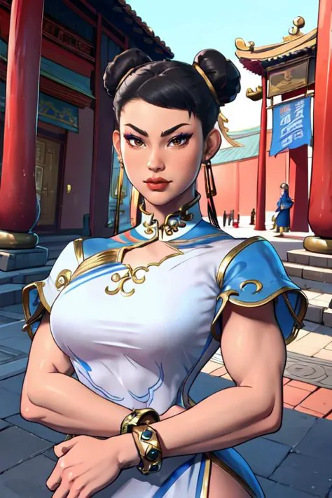 masterpiece,best quality,extreme detail,8k,<lora:chunlisf6:0.8>,chunlisf6, 1girl, solo, black hair, dress, brown eyes, jewelry, upper body, short sleeves, earrings, hair bun, bracelet, lips, double bun, makeup, chinese clothes, china dress