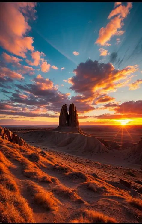 a view of a desert with a sunset in the background