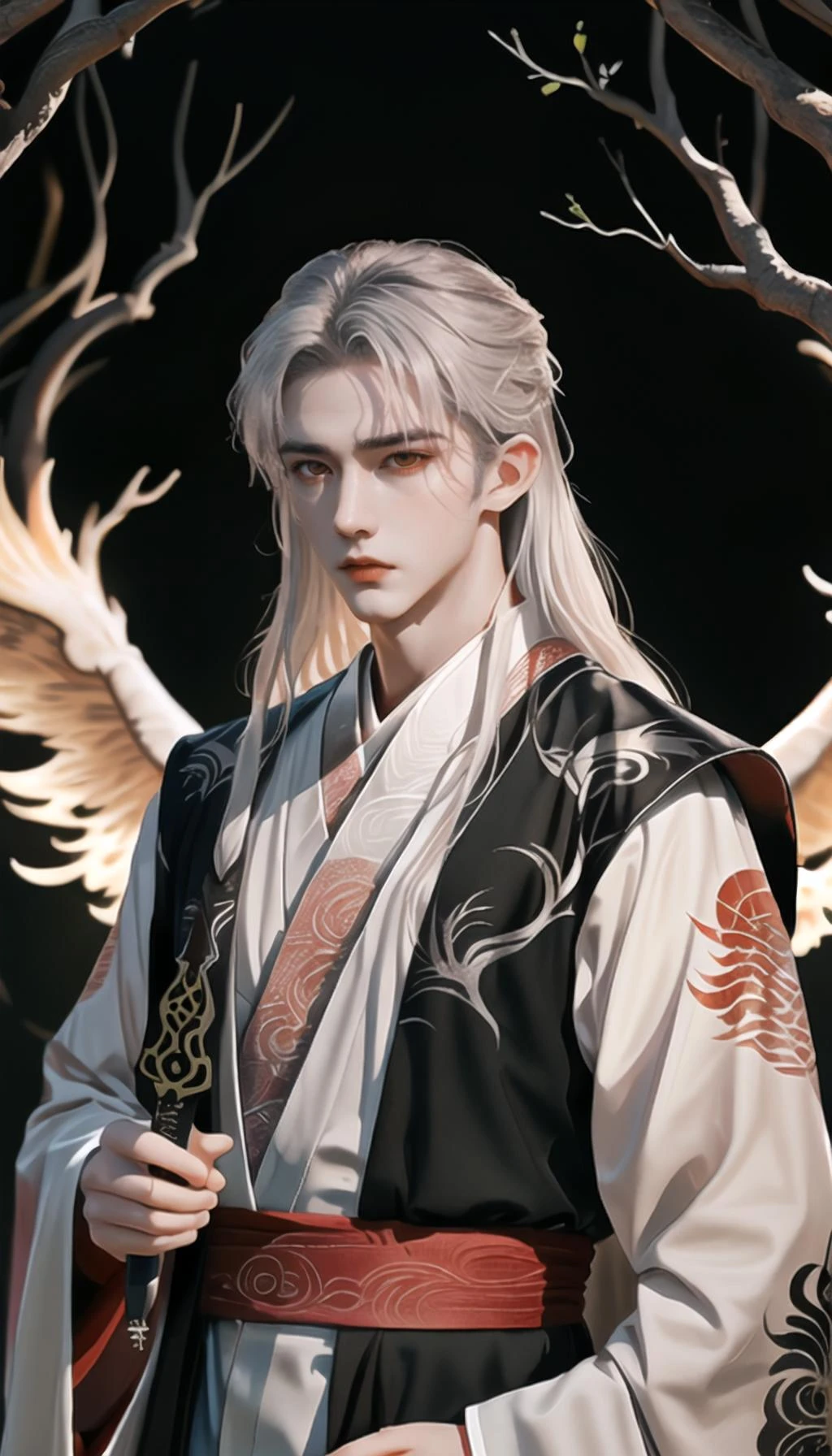 highres,a young and handsome boy,white hair,hanfu with black gold patterns,holding a dagger in hand,eyes glazed,expressionless,slender red phoenix eyes,a terrifying and tense atmosphere,mirkwood,hand details: five fingers,black wings,black feather,detailed lighting,