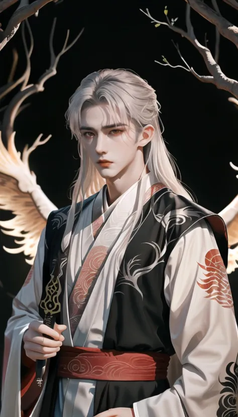 highres,a young and handsome boy,white hair,<lora:last:1>,hanfu with black gold patterns,holding a dagger in hand,eyes glazed,ex...