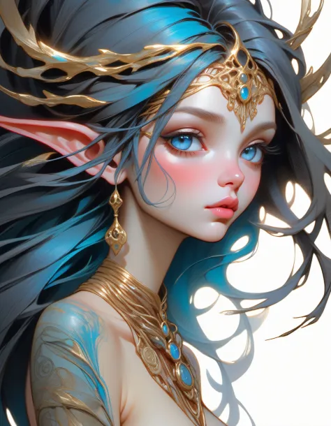 Beautiful sexy Japanese elf girl, concept art, 8k intricate details, surreal fairytale style, head tilt, oversized detailed {purple|green|blue|hazel|} eyes, looking down, seductive, textured hair, simple {charcoal|white} background, soft muted pastel colored pencil illustration, intricate gold filigree necklace, from side, multicolored {brown|black|white} hair, wispy curled hair, style of Carne Griffiths, (unfinished sketch), smudged edges