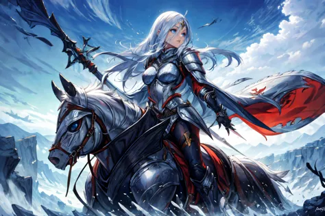 a woman riding a horse with a sword and a red cape