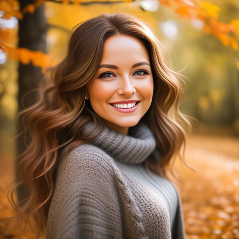 A close-up outdoor photo of a spirited woman with captivating gray eyes and a playful smile. Her wavy, chestnut hair dances in the wind. She wears a cozy knit sweater in earthy tones, blending harmoniously with the natural surroundings. The background is a scenic autumn forest, with vibrant foliage in shades of red, orange, and yellow. The camera angle captures her upper body, radiating a sense of joy and embracing the beauty of the changing seasons.
22facelexia88 style