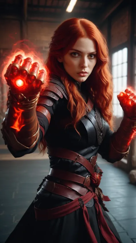 a woman in a black dress holding red glowing hands