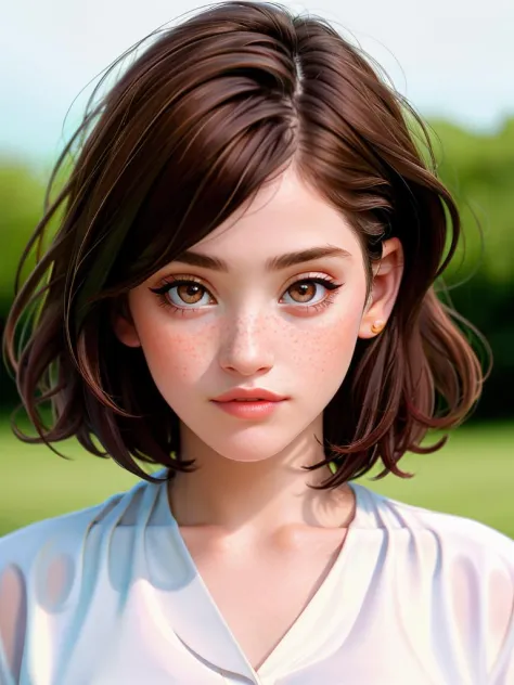 Realistic photo of a beautiful g3mm44 woman, 1girl, solo, short hair, brown hair, shirt, brown eyes, outdoors, blurry, lips, looking to the side, depth of field, blurry background, portrait, freckles, realistic, soft lighting, professional Photography, Photorealistic, detailed, RAW, analog, sharp focus, 8k, HD, high quality, masterpiece