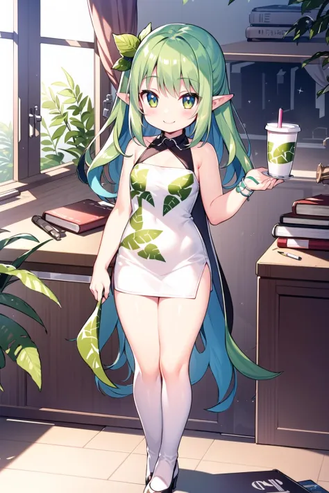 masterpiece, best quality, (ultra detailed sharp focus illustration: 1.2) 1girl, solo, desk, oversized object, minigirl, book, cup, pencil,looking at viewer, standing, full body, pointy ears, bare shoulders, light green tight dress, groves leaf print, smile,