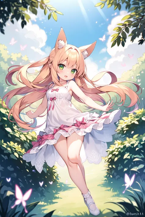 masterpiece, best_quality,1girl, solo,fox_ears,yellow eyes:1.5|green eyes:1.1,(pink hair:1.2|blonde hair), gentle hazel eyes, flowing wavy hair, ankle socks, gazing at viewer, white socks, ballet flats, pastel sundress, full body, butterfly garden, surrounded by fluttering butterflies, sunlight filtering through leaves, serene expression, spring