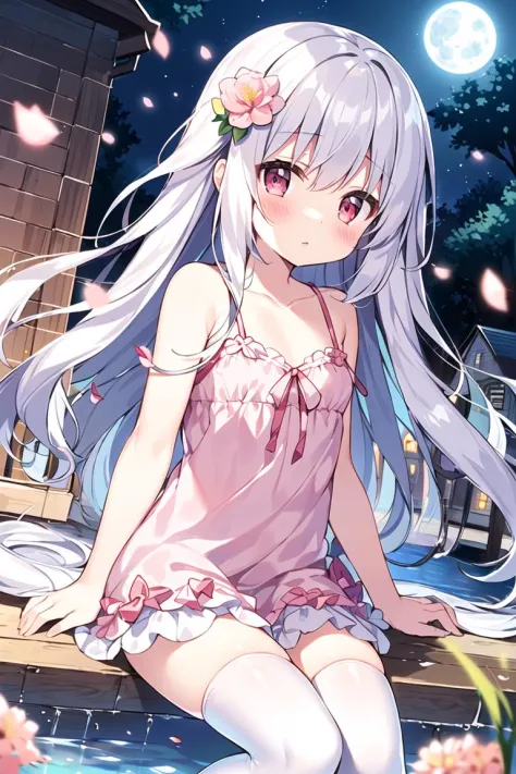 (sitting),(bow),(silver hair),(long hair),(light red eyes),hreat in the eyes,(white fourpetal flower hair ornament:1.1),(blush),bangs,(a girl in[(nightdress):(((no socks))):0.4]:1.2),(bare shoulder),collarbone,(white thighhighs:1.2),frilled sleeves,looking at viewer,[(night:1.2),peaceful,sky,((full moon)),stars,house,town,(in a courtyard),water drop,pond,(near by the pond),tree,flower request,wind::0.6],(lridescent light refraction),(floating pink petals:1.2),dreamy