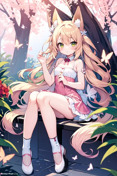 masterpiece, best_quality,1girl, solo,fox_ears,yellow eyes:1.5|green eyes:1.1,(pink hair:1.2|blonde hair), gentle hazel eyes, flowing wavy hair, ankle socks, gazing at viewer, white socks, ballet flats, pastel sundress, full body, butterfly garden, surrounded by fluttering butterflies, sunlight filtering through leaves, serene expression, spring