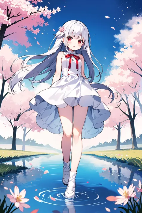 (Highest picture quality), (Master's work),(Detailed eyes description),(Detailed face description),
1girl,red eyes,white hair,(very long hair),very long hair (floating in the wind),hair ornament,white dress,small breast,bare legs,white socks,leather shoes,arms and hands behind back,blush,fluttering grass,(spring,sakura blossoms),petals,(lens flare),altocumulus,dazzling light,cool breeze,(shade) of [a sakura tree],meadow,(the grass is growing and the birds are flying),(lake,surface reflection)