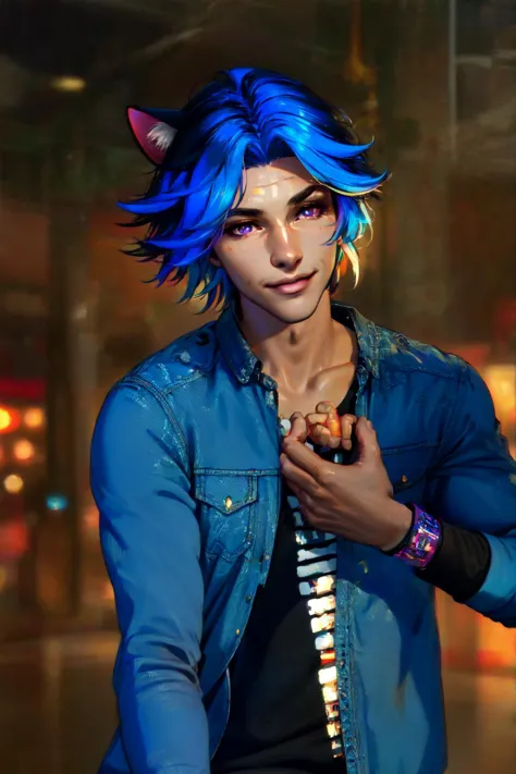 a close up of a person with blue hair and a cat ear