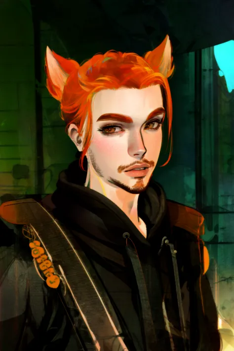 <lora:Roiadan_Vanzey:1> Roiadan Vanzey, Osenayan, (masterpiece, best quality), animal ears, solo, facial hair, 1boy, male focus, fox ears, parody, orange hair, indoors, beard, stubble, looking at viewer, lips, upper body, brown eyes, animification, nose, jacket, cosplay, rule of thirds,