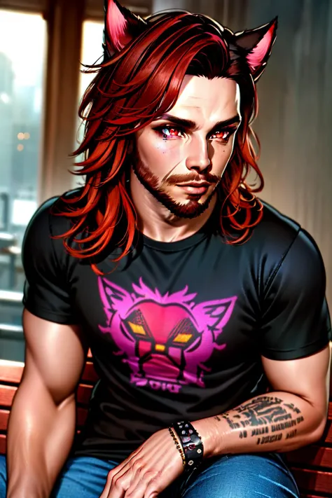 a close up of a man with red hair and a cat t - shirt