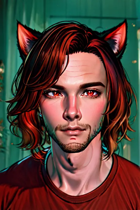 a close up of a man with red hair and a cat ear