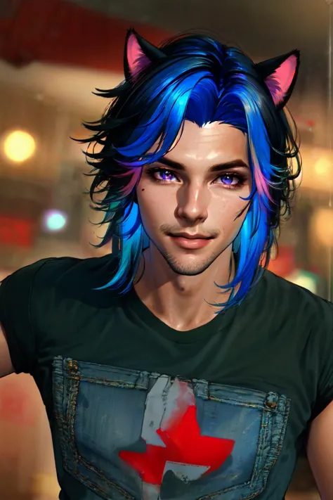 a close up of a person with blue hair and a cat ear