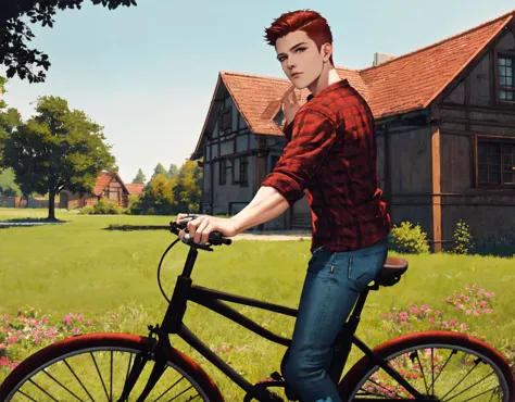 painting of a man riding a bike in a field with a house in the background