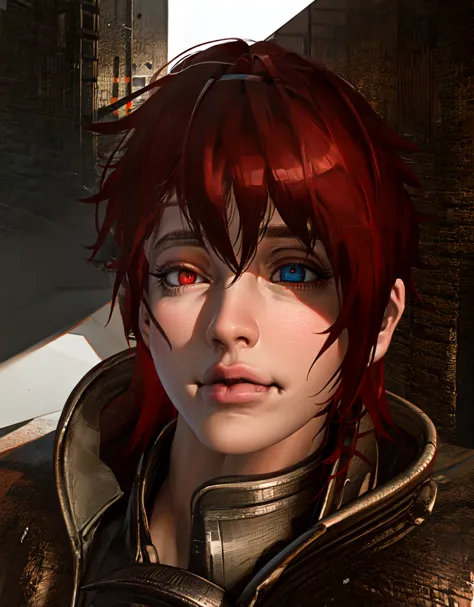 a close up of a person with red hair and a jacket