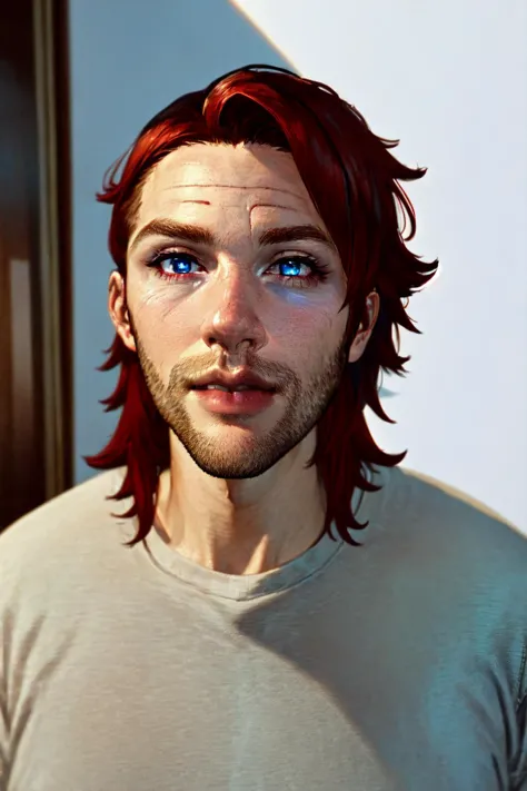 there is a man with red hair and blue eyes staring at something