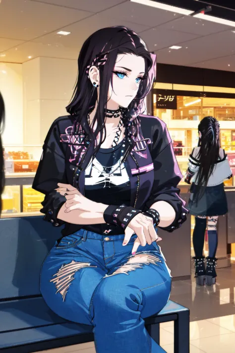 anime girl sitting on a bench in a mall waiting for her order