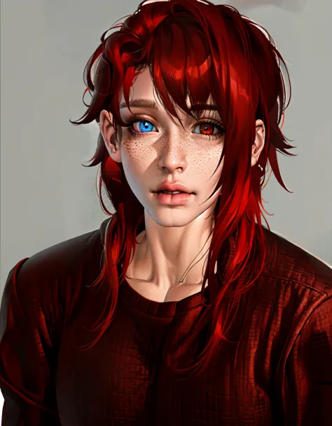 <lora:Rana_Solas:.7> ((masterpiece), solo, red hair, blue eyes, red eyes, heterochromia, realistic, looking at viewer, 1girl, lips, white background, sweater, portrait, freckles, simple background, nose