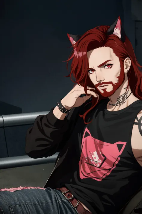 anime guy with red hair and piercings sitting on a bench