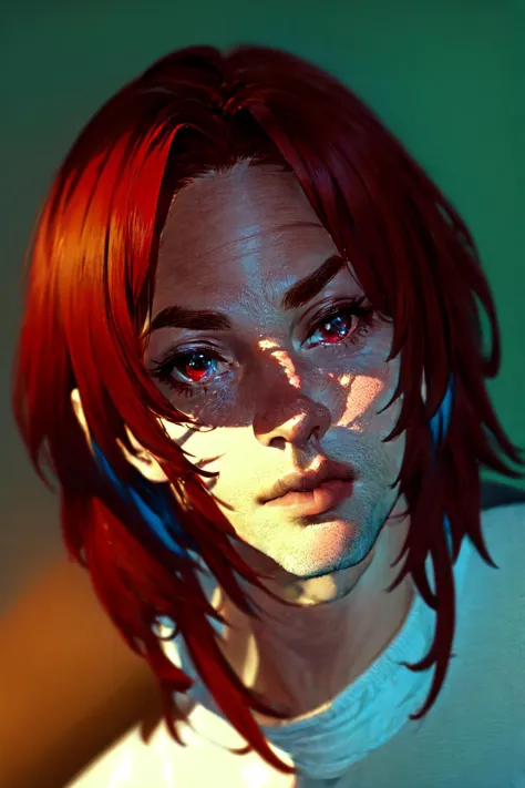 a close up of a person with red hair and a white shirt