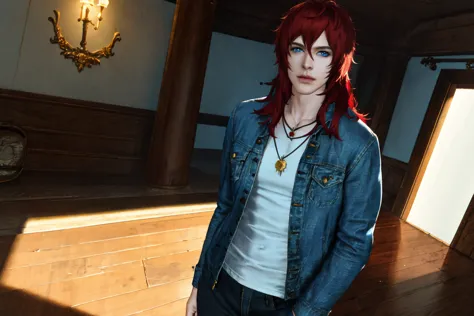 there is a woman with red hair and a denim jacket