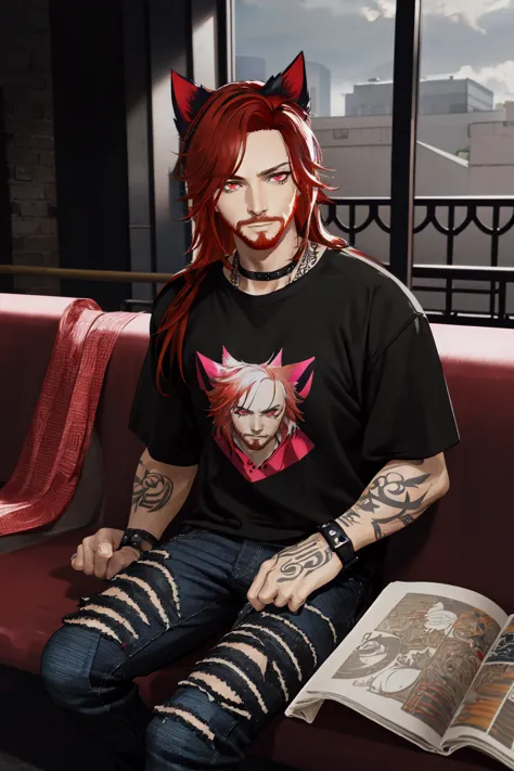 arafed man with red hair and piercings sitting on a couch