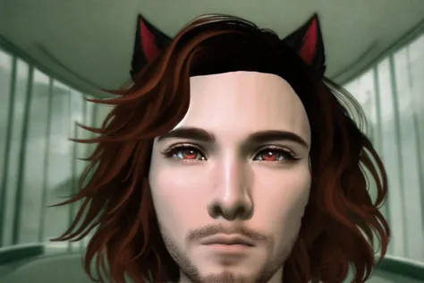 there is a man with red hair and a cat ears on his head